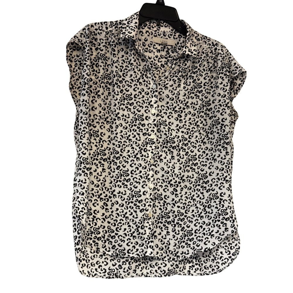 LOFT Womens Black White Leopard‎ Print Cap Sleeve Button Down Shirt